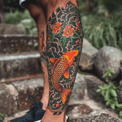 Traditional Japanese leg tattoo with koi fish and cherry blossoms
