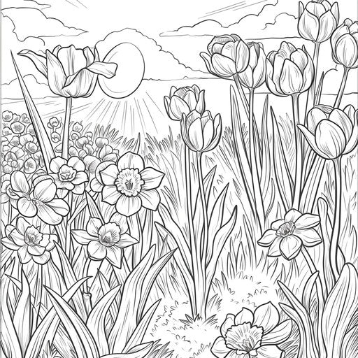 Sunny tulips and daffodils meadow coloring page