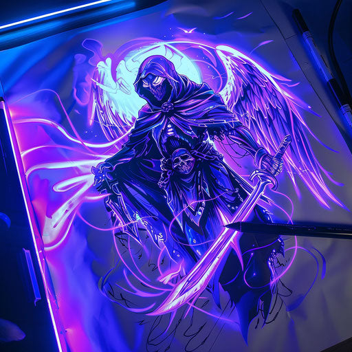 Luminous tattoo sketch of the angel of death with glowing elements, in neon colors