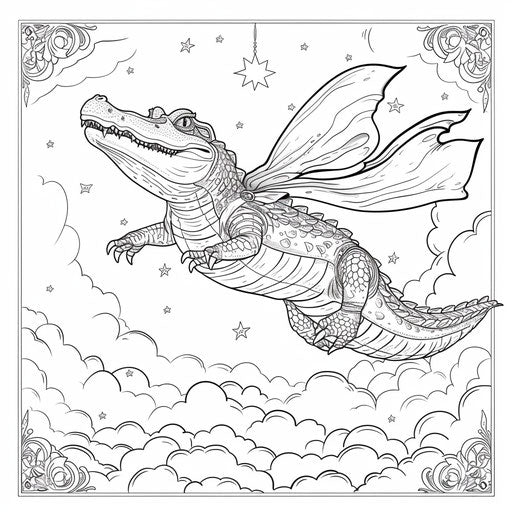 Superhero alligator flying through the sky