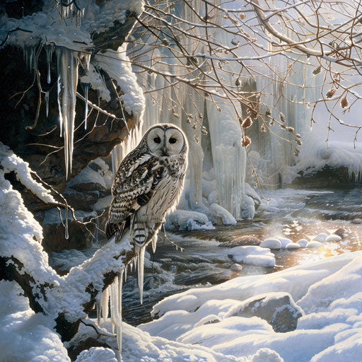 White owl by frozen stream with icicles under winter sun