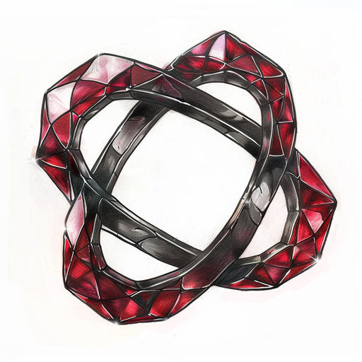 Romantic tattoo sketch of two intertwined rubies forming an infinity symbol, glossy red and black, clipart style