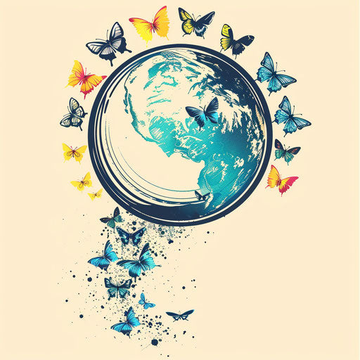 Charming flat tattoo sketch of a globe with a trail of butterflies