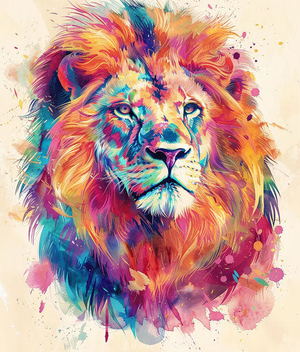 Colorful watercolor lion, mischievous feline motif