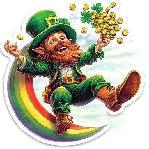 Leprechaun sliding on a rainbow with gold coins