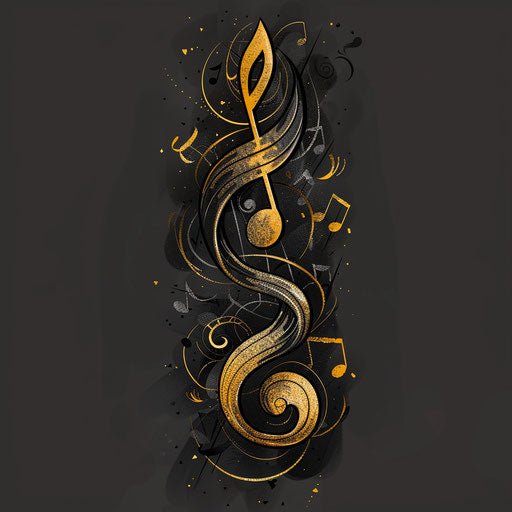 Dark mark with musical notes and clefs in black and gold