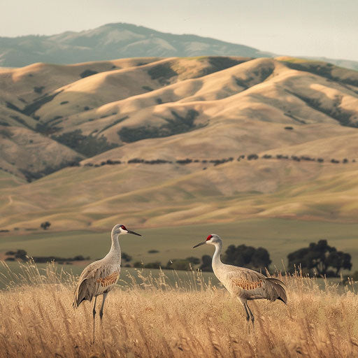Sandhill cranes against rolling hills