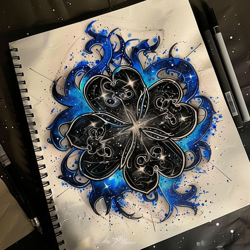 Sketch of a cosmic tattoo of a black clover with starry space elements and glowing blue accents
