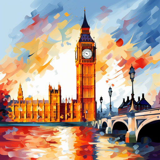 Big Ben clipart in the style of Impressionistic Art, on a white background