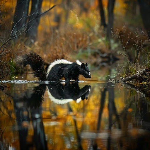 Skunk crossing a forest stream with reflection