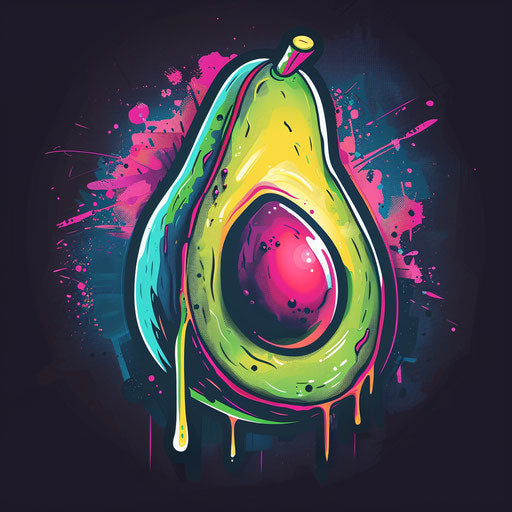 Dynamic flat tattoo sketch of an avocado with abstract neon splashes