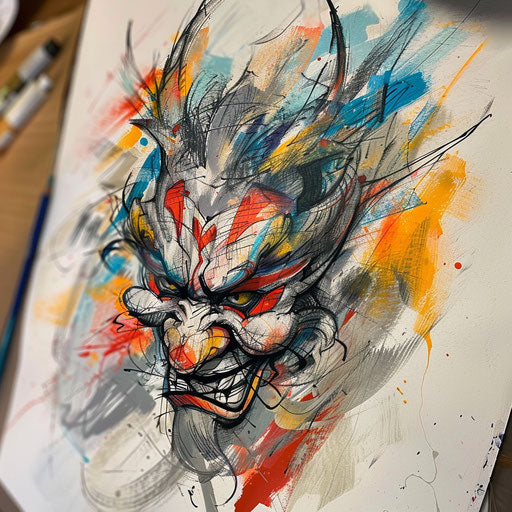 Expressionist tattoo sketch of a Tengu with dynamic brush strokes and vivid colors