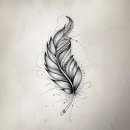 Flat tattoo sketch of a detailed feather with dot pattern