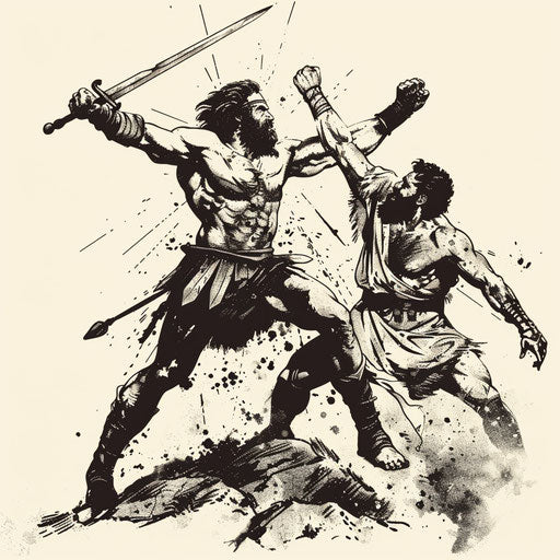 Artistic clipart style flat tattoo sketch of David and Goliath