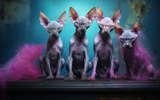 Hairless cats on floor, light purple and dark aquamarine style