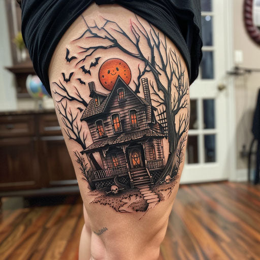 Hip tattoo of a haunted house