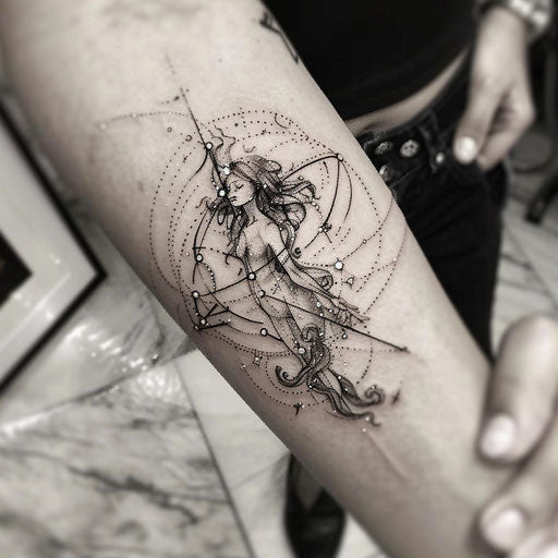 Monochrome Virgo constellation tattoo sketch with shading and depth