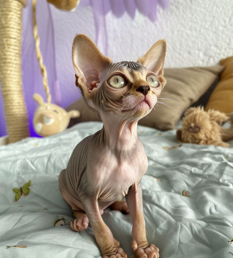 Sphynx kitten sitting on a bed, looking up