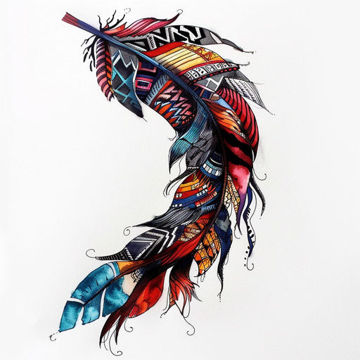Native American inspired feather tattoo design, traditional motifs on white paper