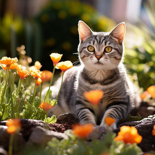 American cat sitting in a flower bed