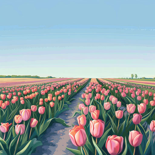 Field of tulips under a clear blue sky