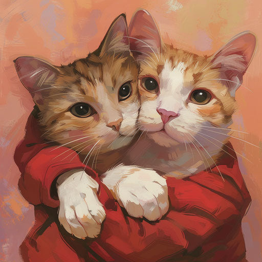 Two cats in arms kawaii style, red and amber