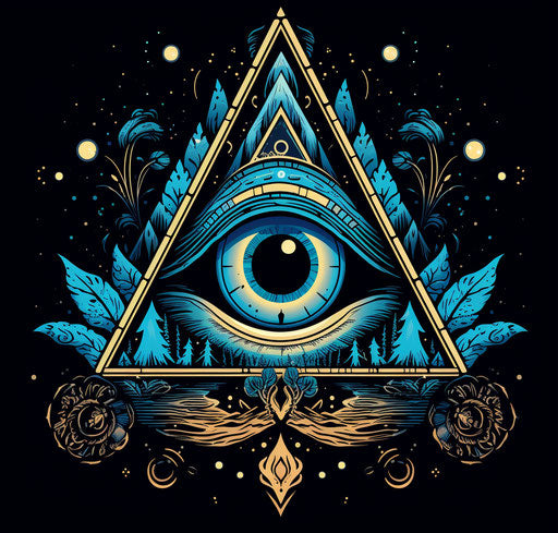 Black and blue all seeing eye with crescent moon symbol