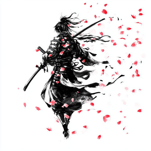 Japanese samurai tattoo sketch with cherry blossom petals