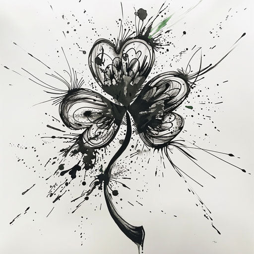 Dynamic tattoo sketch of a clover with abstract splatter effects
