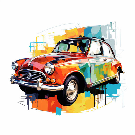 Cartoon car in the style of Impressionistic Art, on white background