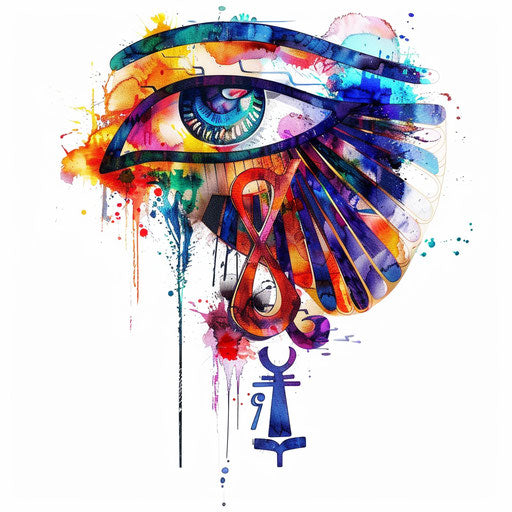 Vibrant Eye of Horus tattoo with watercolor effects