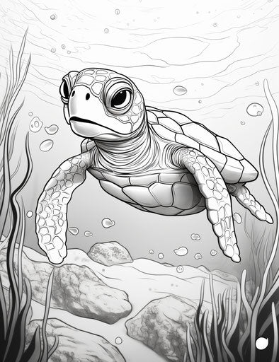 Coloring page with cute sea turtle for kids