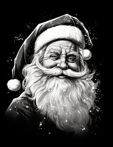 Black and white image of stylish Santa with detailed features