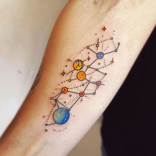 Playful flat tattoo sketch of the Aquarius constellation with whimsical zodiac symbols