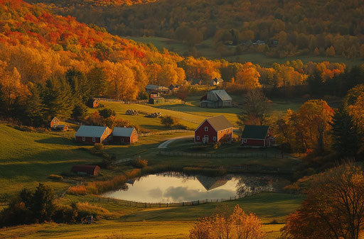 Picturesque Vermont farm with red barns, fall colors, forest