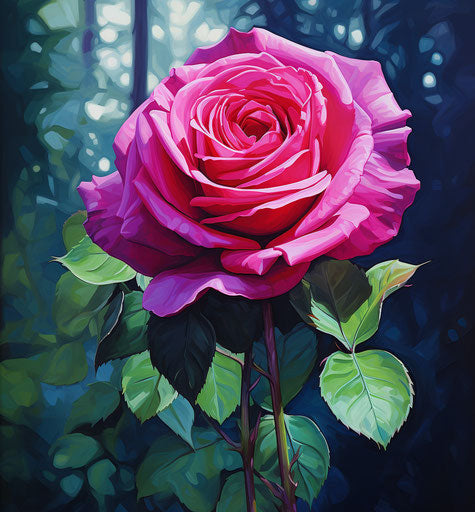 Pink rose in front of green leaves, dark magenta style