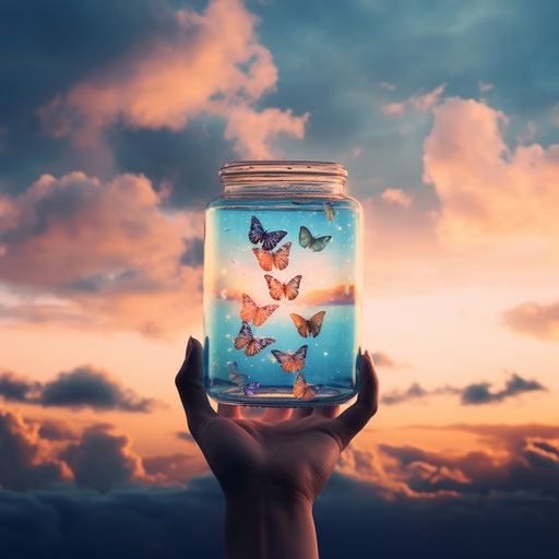 Jar of blue butterflies under dreamy sky in rainbowcore style