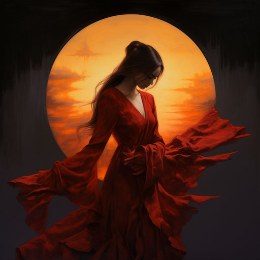 The woman in red dress behind the moon watches the eclipse