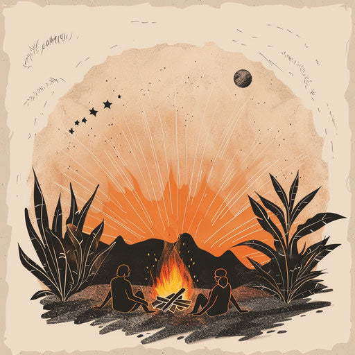 Campfire scene with friends in cozy clipart style