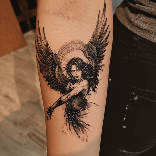 Small tattoo of a dark angel, in the style of Gerald Brom