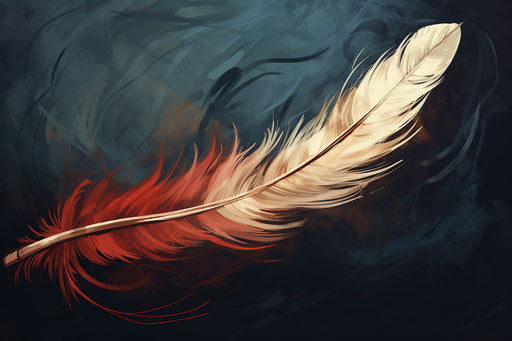 Abstract feather in red, blue and white, sepia style, 2D animation, flat composition