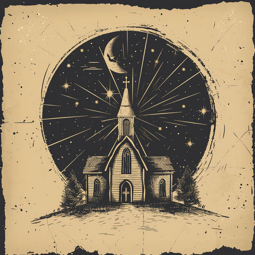 Hand-drawn church logo with a rustic background and artistic elements