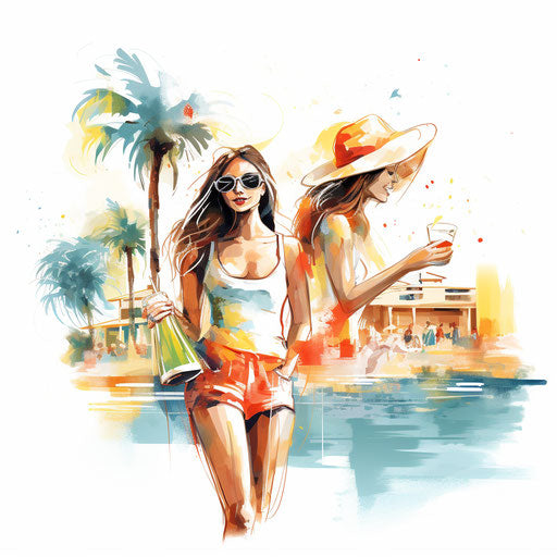 Spring break clip art in the style of Chiaroscuro Art, on a white background
