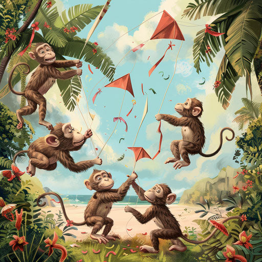 Playful scene of monkeys making and flying kites on a windy day