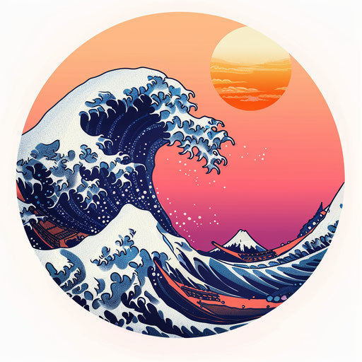 Flat tattoo sketch of a Japanese wave on sunset gradient background blending orange and pink hues