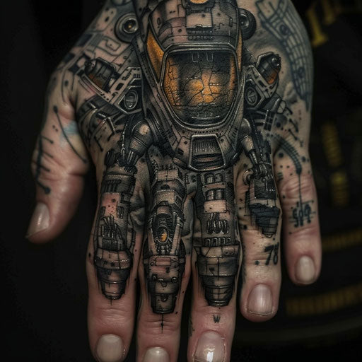 Spaceship knuckle tattoos