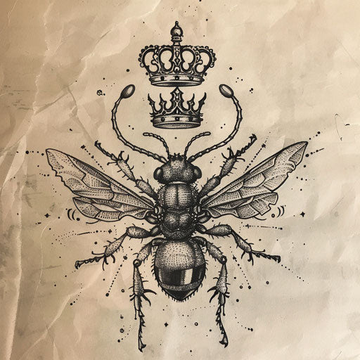 Flat tattoo sketch of an ant with a crown