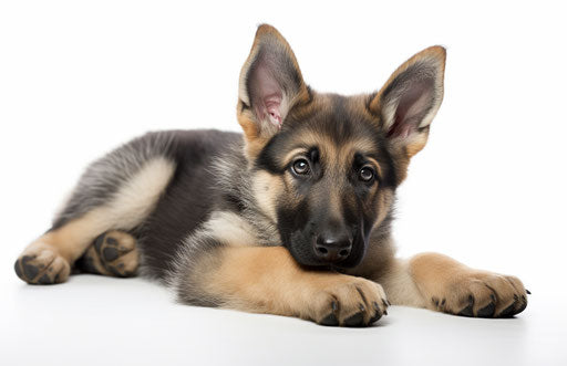 German shepherd puppy lying down on white background, dark silver and light red style