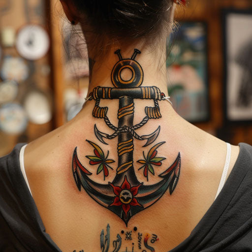 Classic anchor tattoo on the back neck
