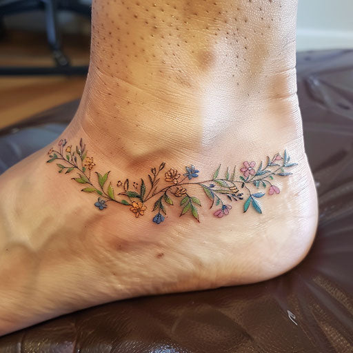 Wildflower ankle bracelet tattoo, delicate blooms